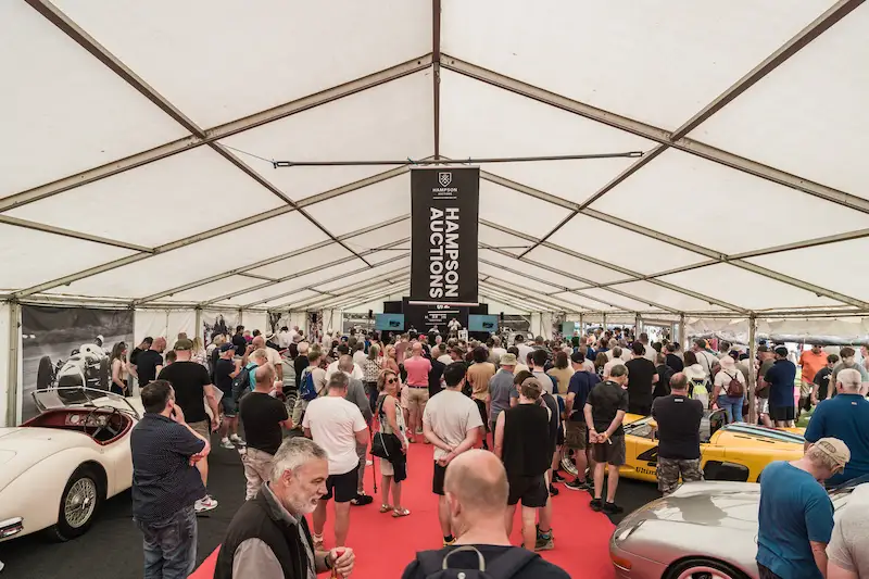 General view of Hampson Auctions Oulton Park Gold Cup Sale 2024 with people packed in a busy venue